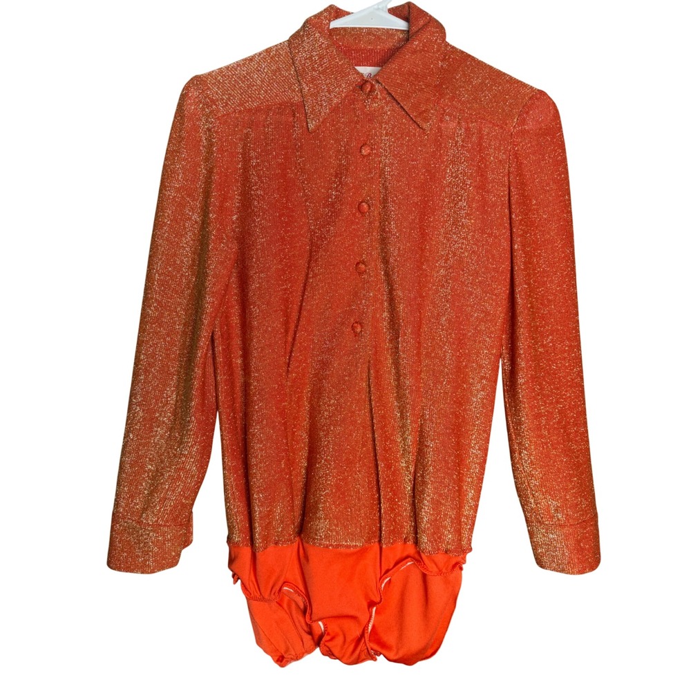Vintage Anne Fogarty AF Boutique Orange Gold Lurex Metallic Bodysuit Blouse 70s